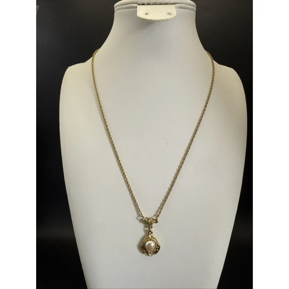 1928 Jewelry Faux Pearl Teardrop Gold Tone Rhinestone Accent Pendant Necklace